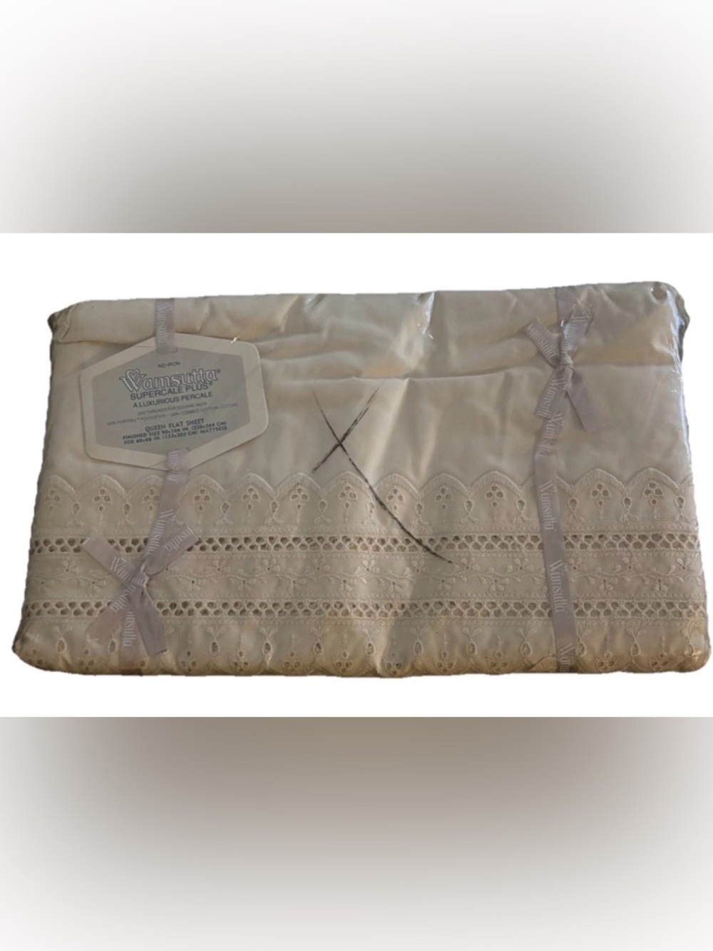 Wamsutta Supercale Plus Eyelet Lace Ivory Queen Flat Sheet 200 Thread